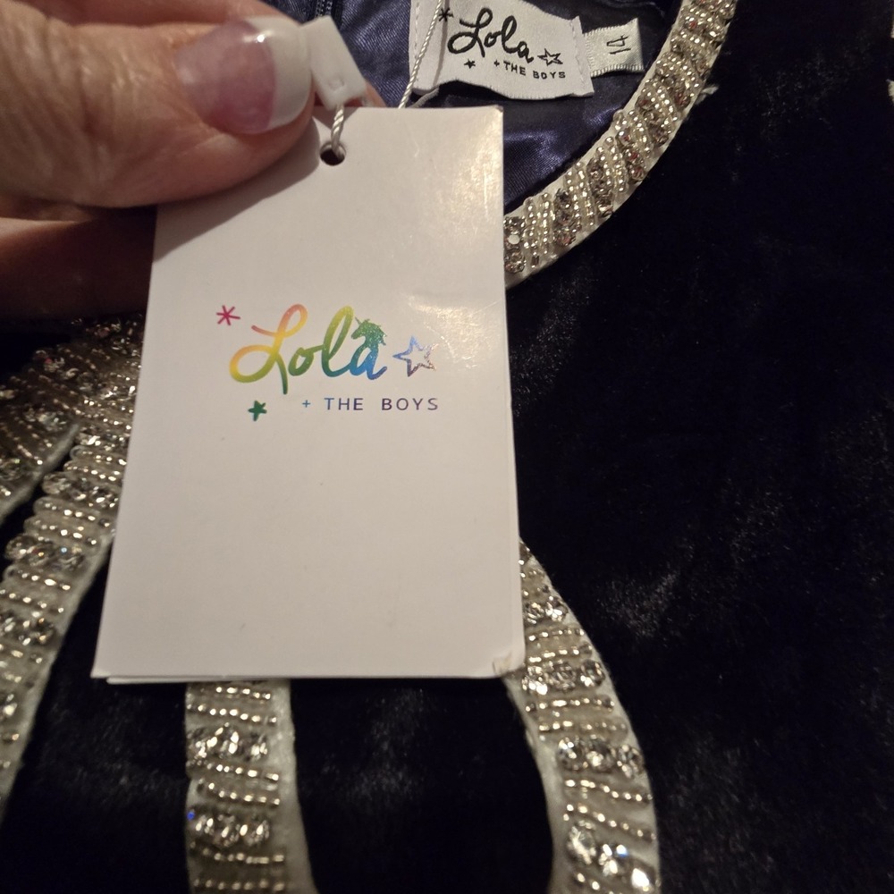 Lola & The Boys NWT Velvet Bow Princess Dress Girls Sz 14 Navy Beaded Lined NEW - Picture 5 of 11